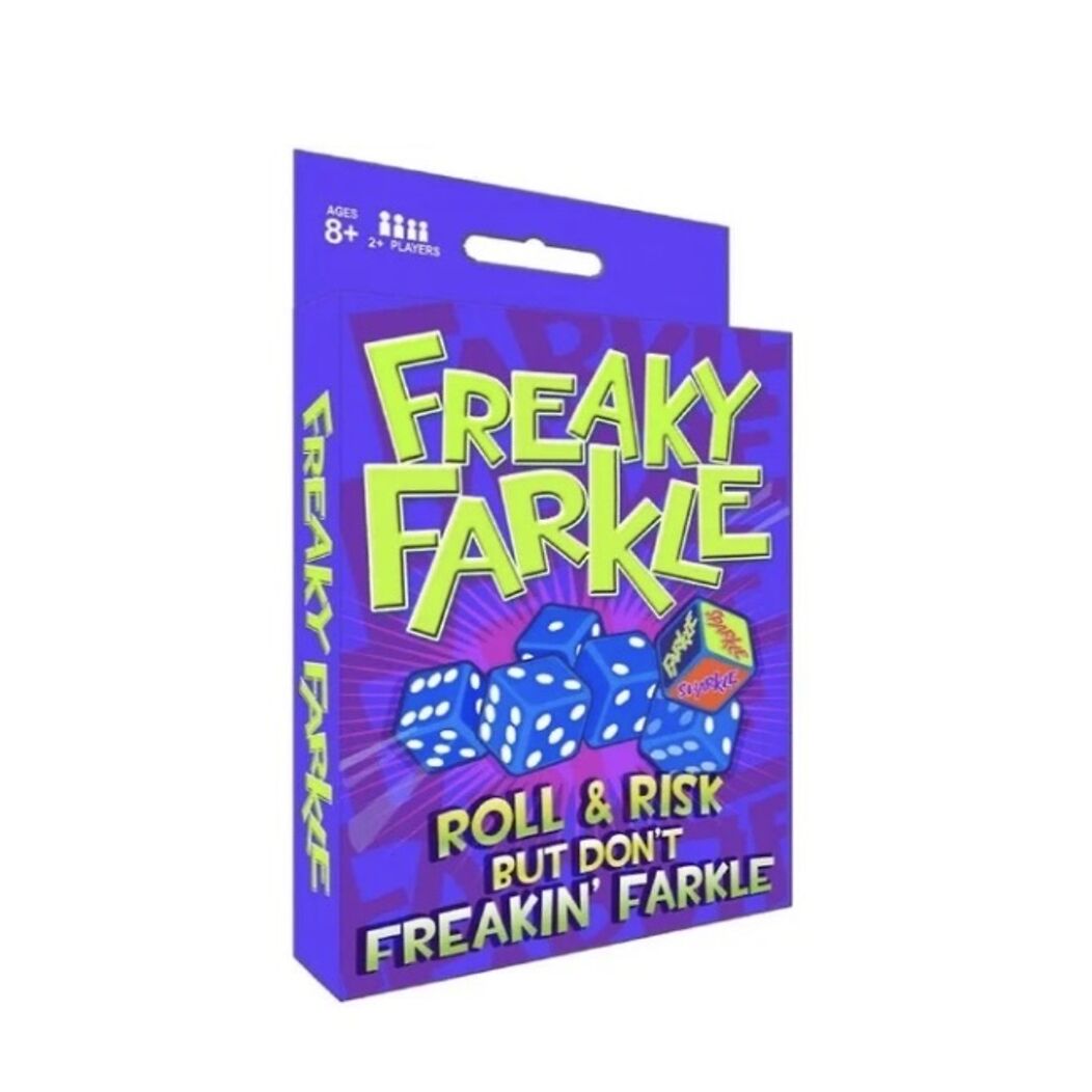 Freaky Farkle, game packaging with dice illustration on a purple background. AU & NZ