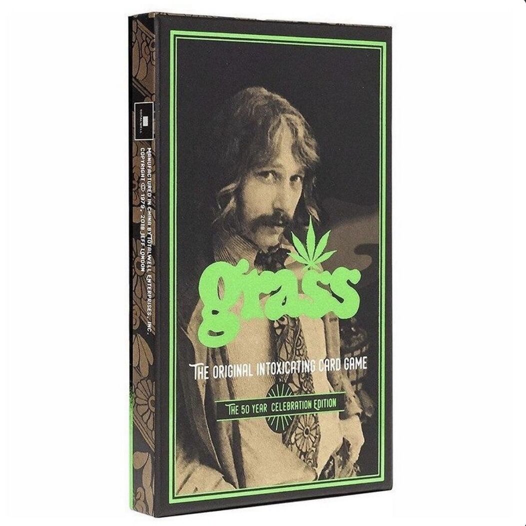 Grass, an adult Card game box titled 'grass' with a person's face and cannabis leaf design on a black background. Game is based on weed.