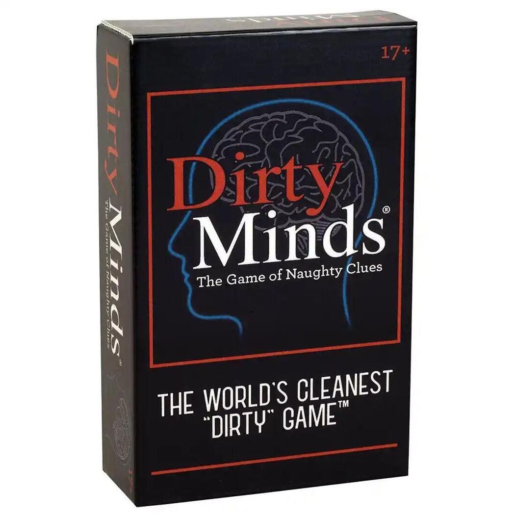 Box of 'Dirty Minds' cleanest dirtiest card game with black and red design. AU & NZ