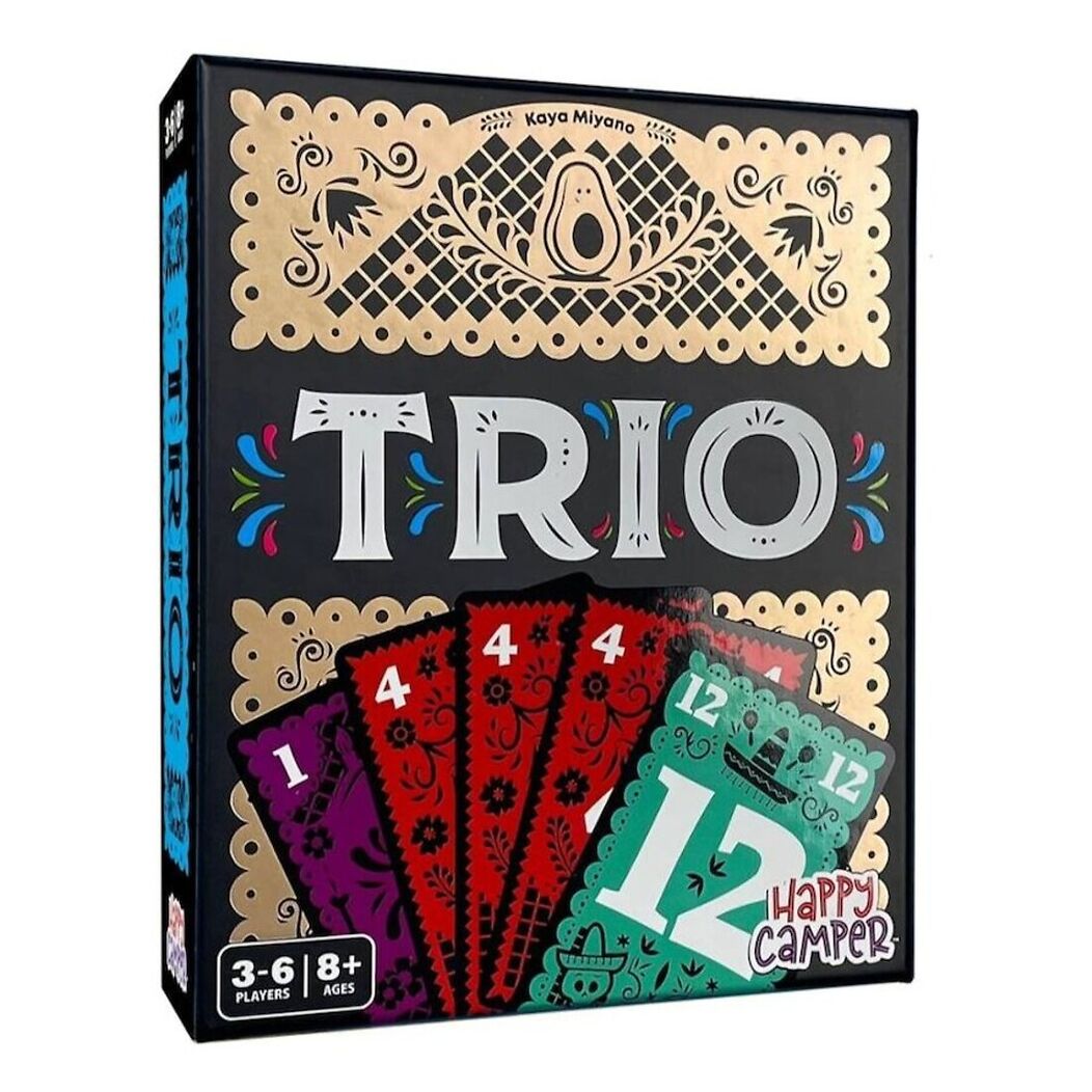 Trio, Board game box with colourful cards and decorative elements on a black background. AU & NZ